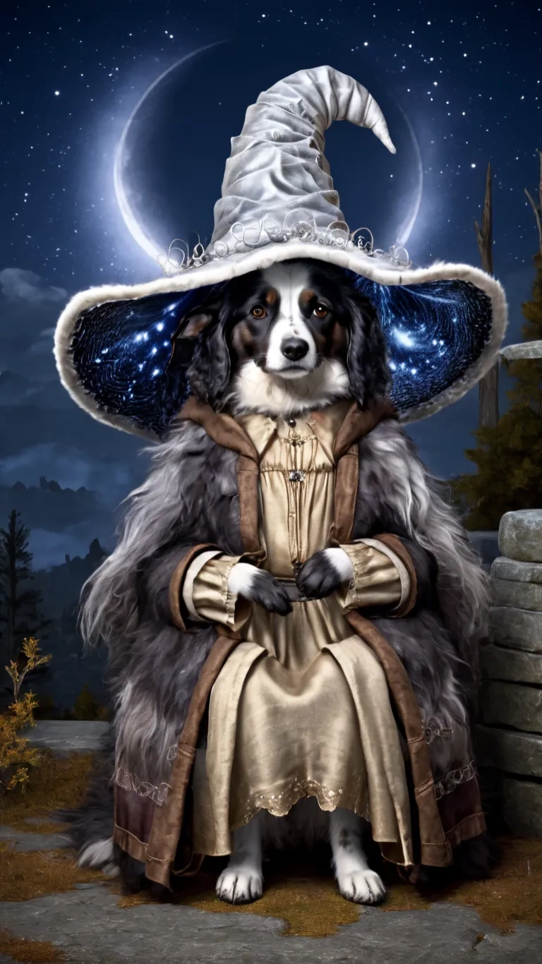 a dog in an image as a witch with the moon
