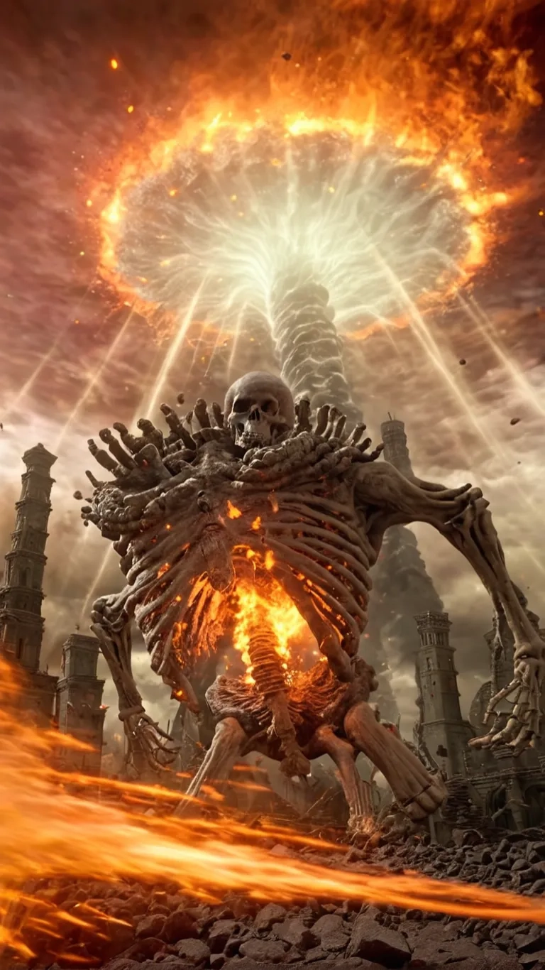 a skeleton is coming out of a flame
