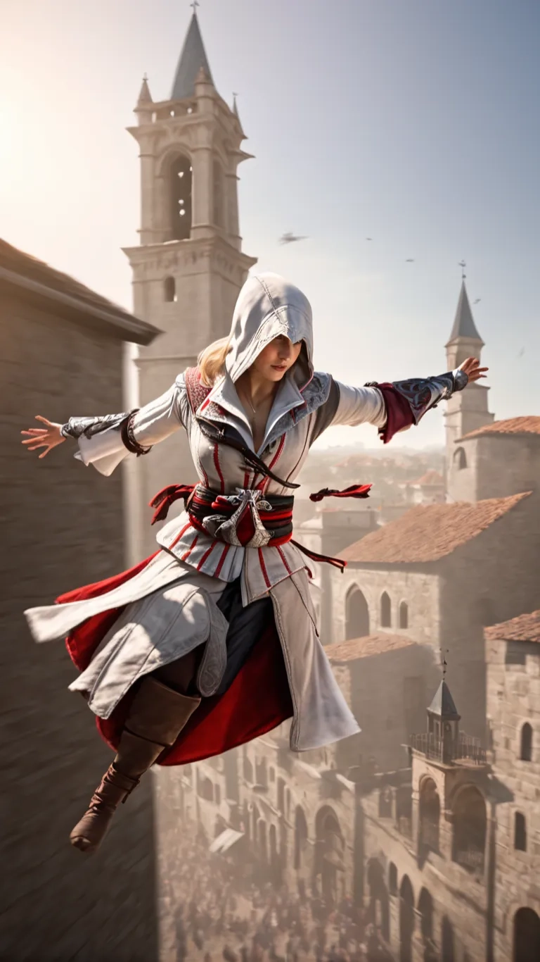 an outstretched assassin hovering near a tall building
