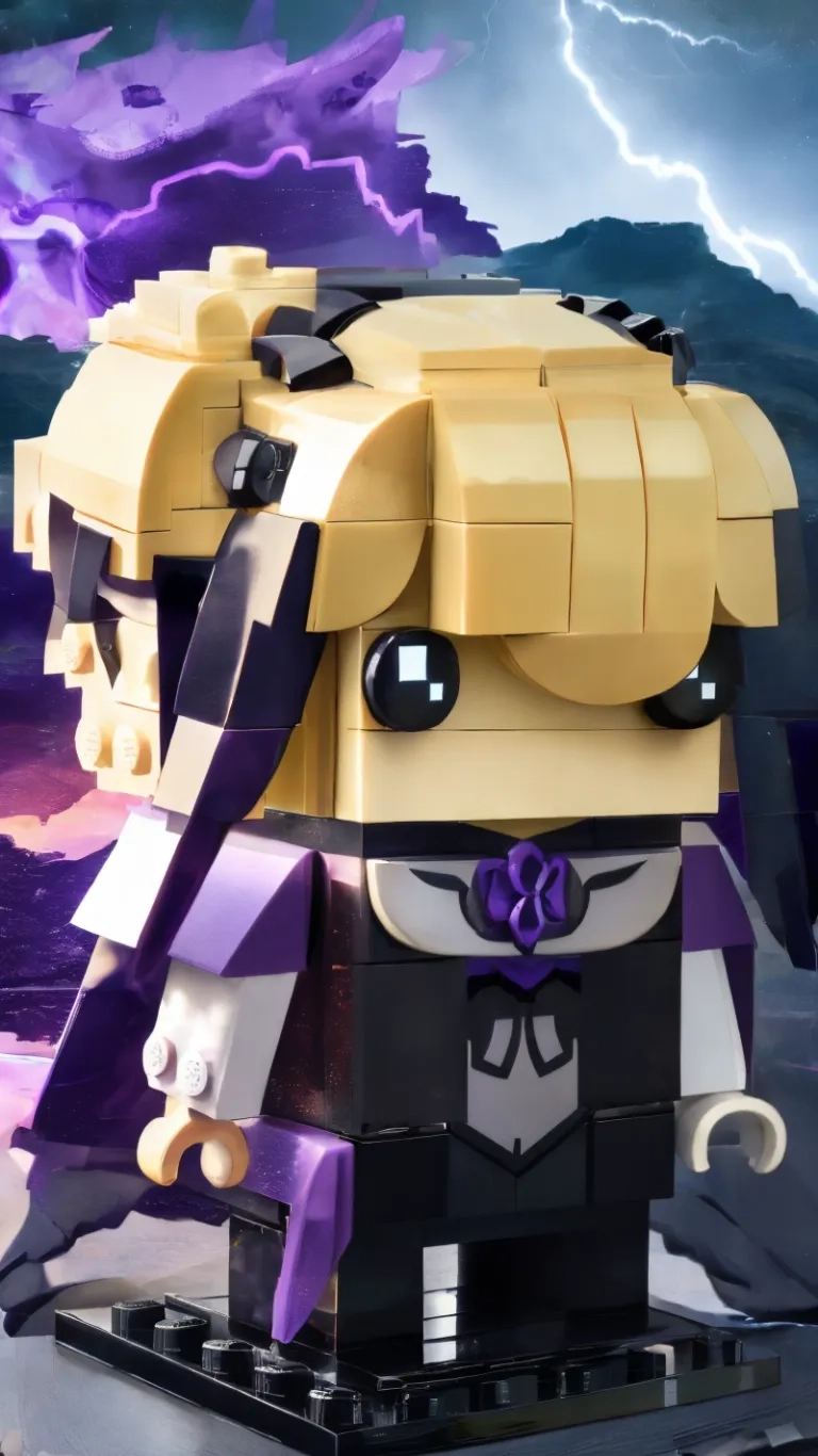 a lego hero with a lightning bolt in the background as rain passes by with a purple cape on his head and on top, a purple tie around his shirt
