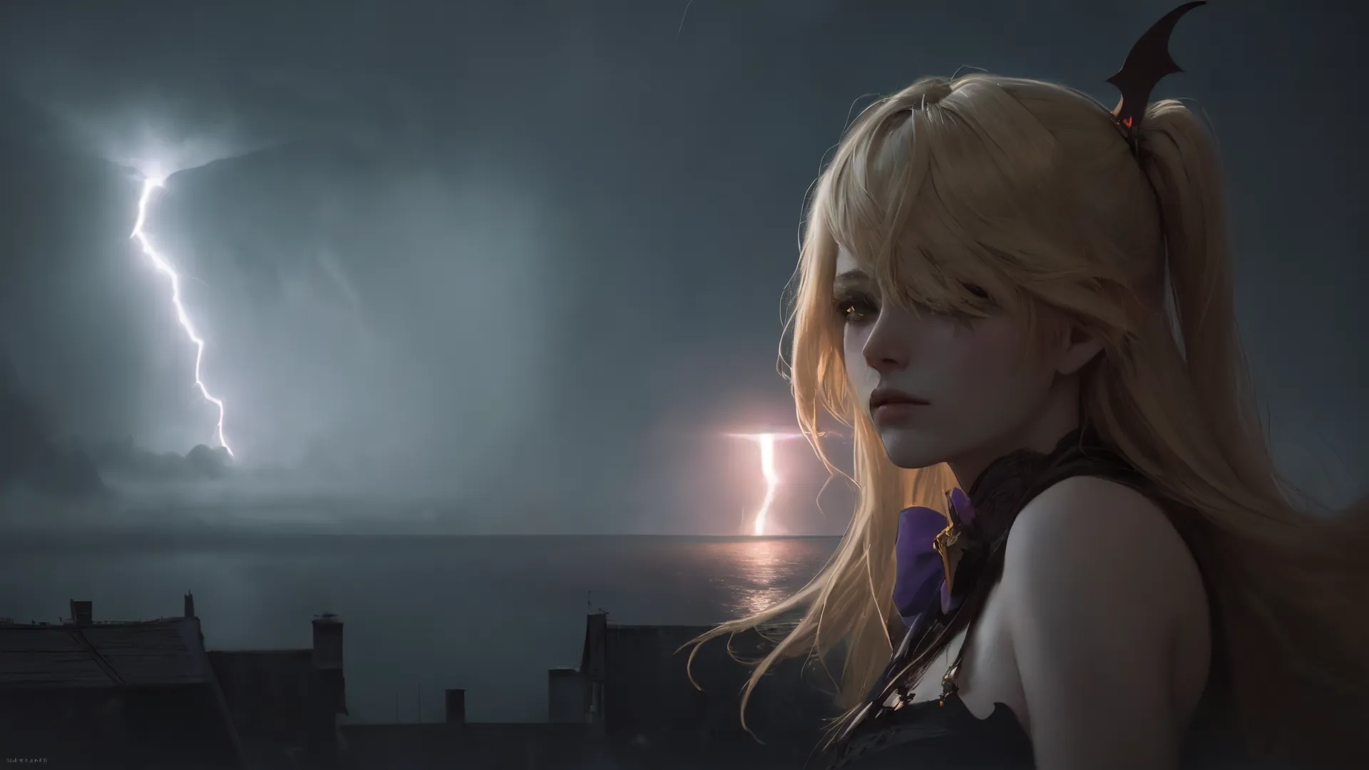 a girl near a lake with lightening behind her in a thunder storm storming sky and buildings above her in the background has clouds, lightning and bolts
