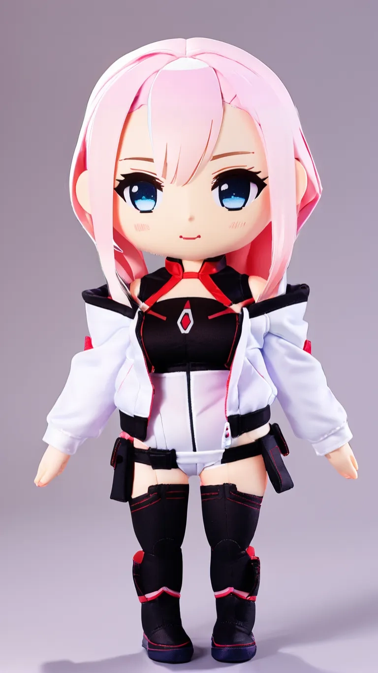 a doll that has pink hair, white shirt and black pants
