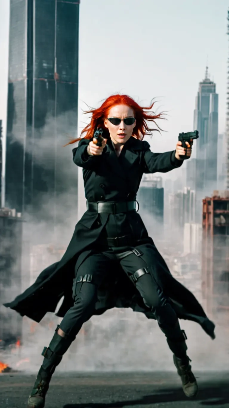 a beautiful red haired girl with glasses aiming a gun
