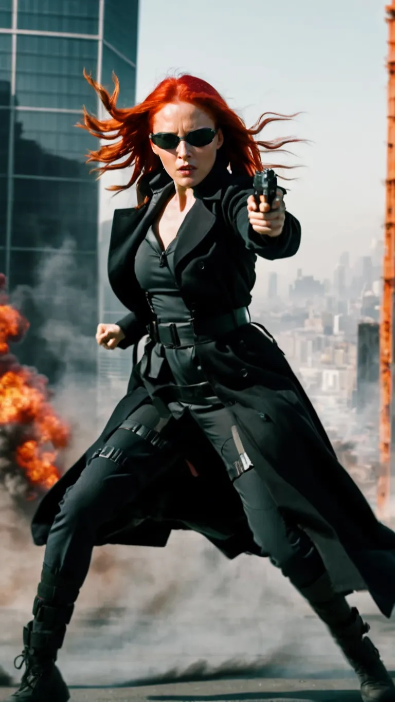 a woman holding a gun in the air while standing next to buildings
