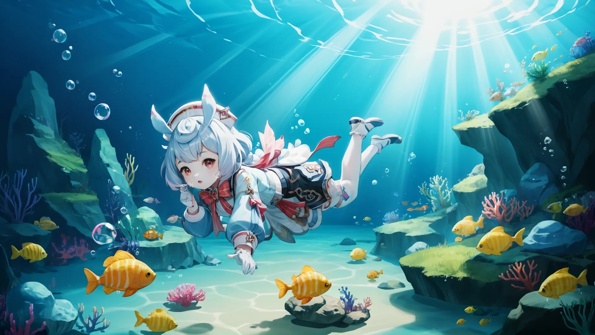 anime princesses scuba in underwater scenes surrounded by coral and other inhabitants in deep blue sea water with fish in it
