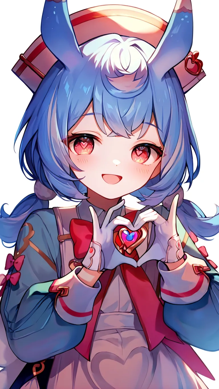 blue - haired girl holding a heart shaped candy bar with two horns and wearing a hoodie with one ear made of ears, and a heart stick in her hand, looking at something to the other
