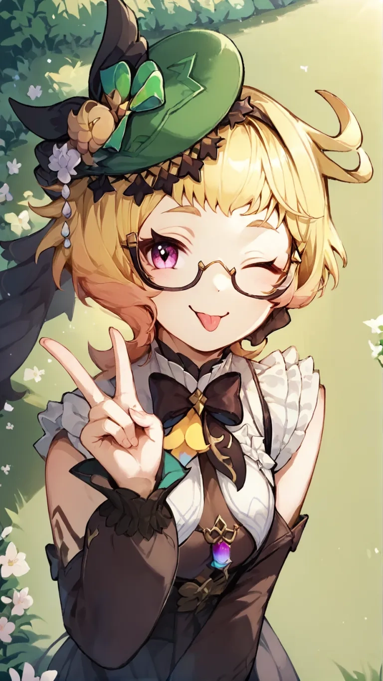 a girl with glasses showing a peace sign and holding her finger up in an illustration style image with a background of green grass and trees
