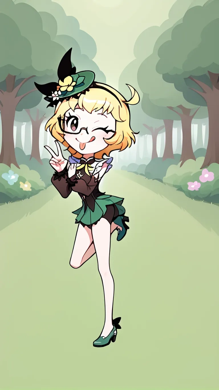the girl in a witch costume is walking down a path by herself in a hat with long sleeves, a large green pointed headband and boots

