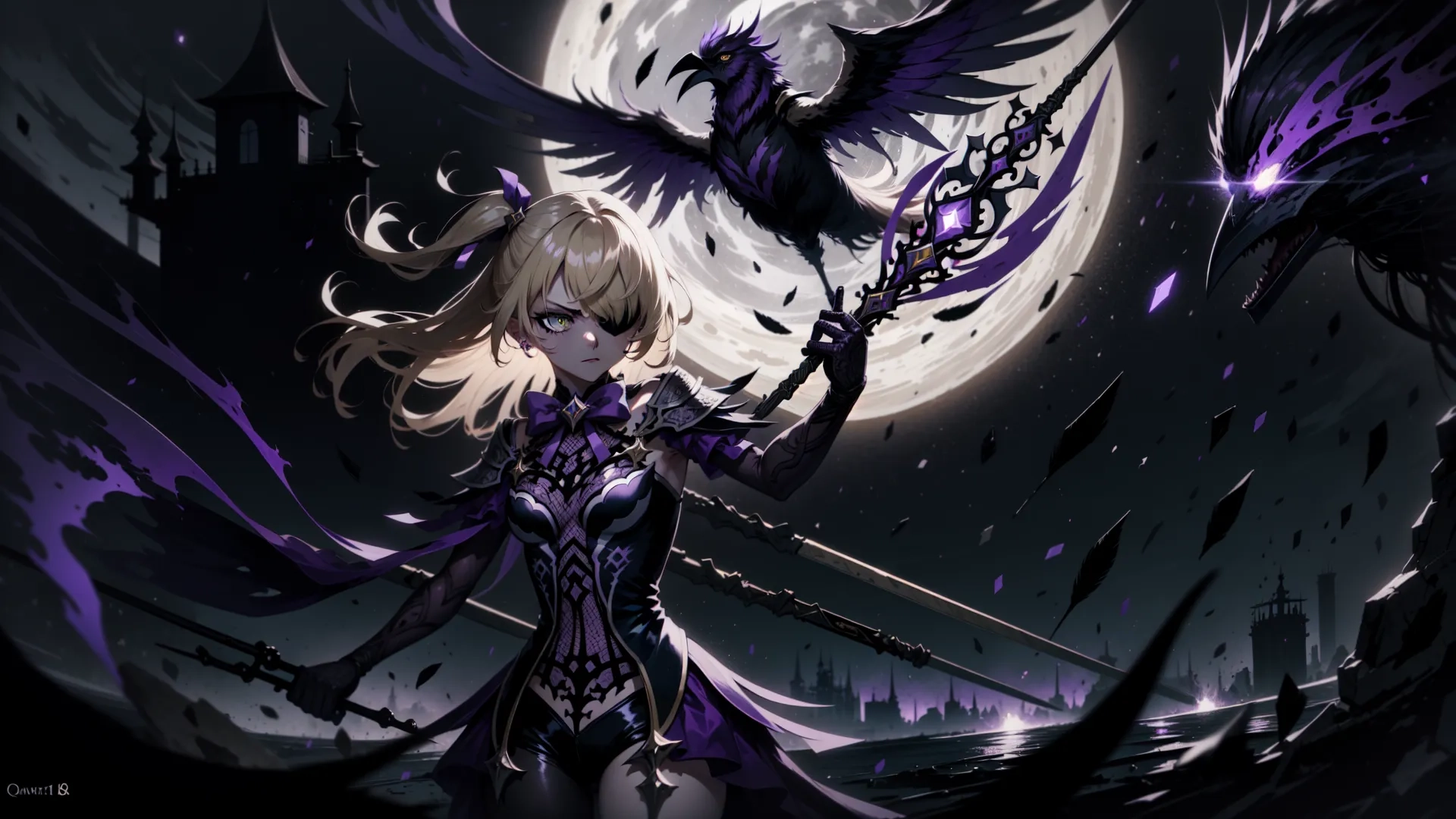 an attractive young woman in a purple dress holding two large black birds over her shoulder in front of a moon filled night sky with a spriny moon
