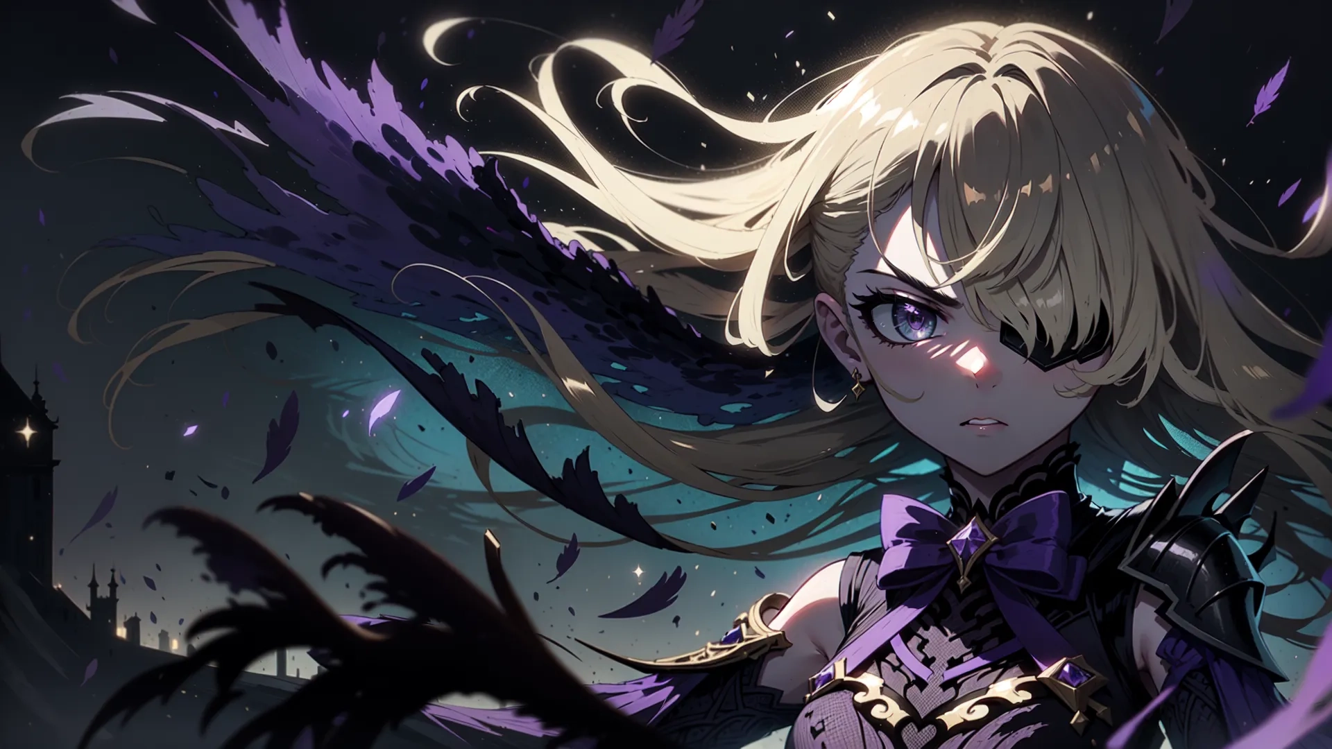 woman in dress with long blonde hair standing near dark purple night sky holding a sword and some birds flying around her shoulder and wings are blowing in the air
