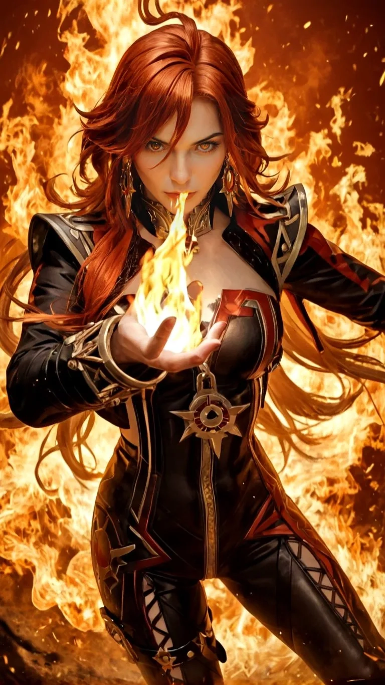 a woman with an orange flames behind it
