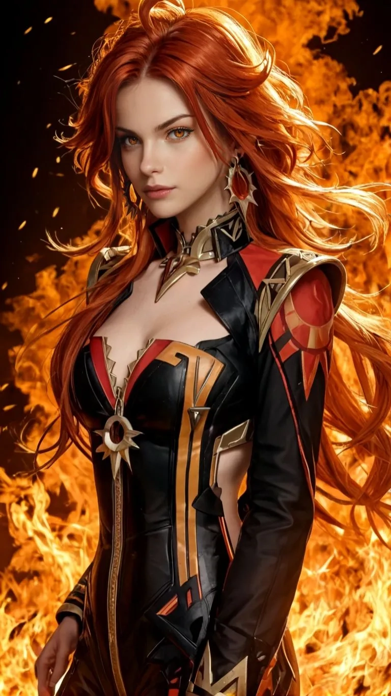 the fire queen poses in front of blazing flames on her chest
