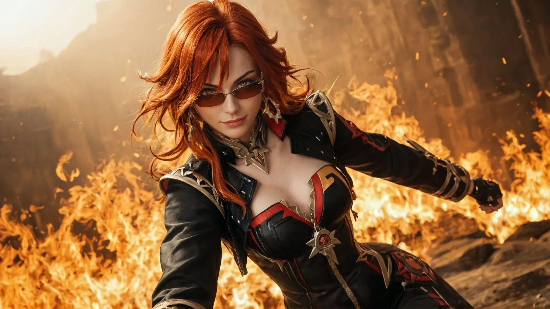 a lady in a suit and sunglasses, standing on fire
