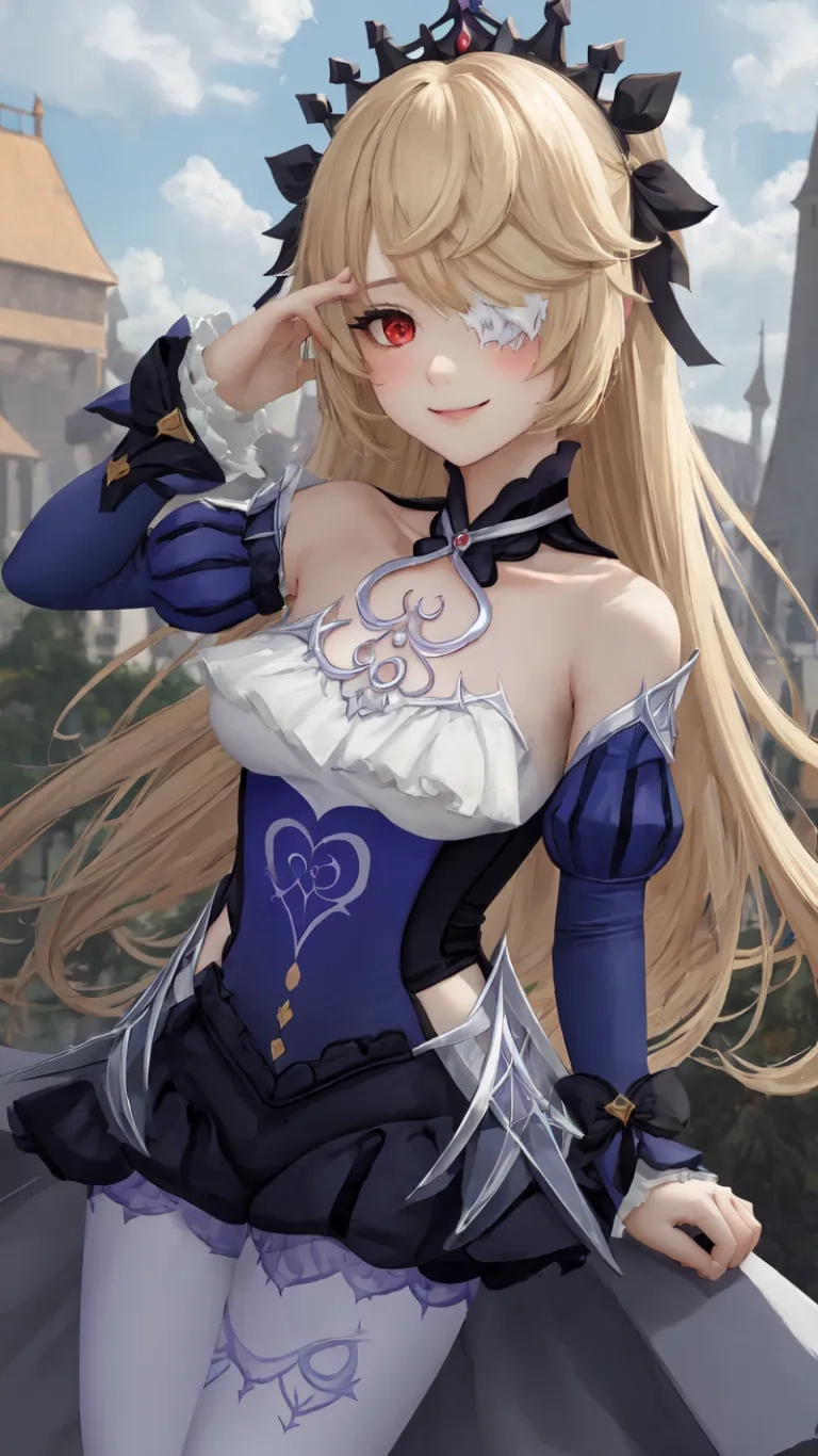 a cute lady with long blond hair and horns stands near a building, smiling and posing for the camera, wearing armors and gloves while on a leash
