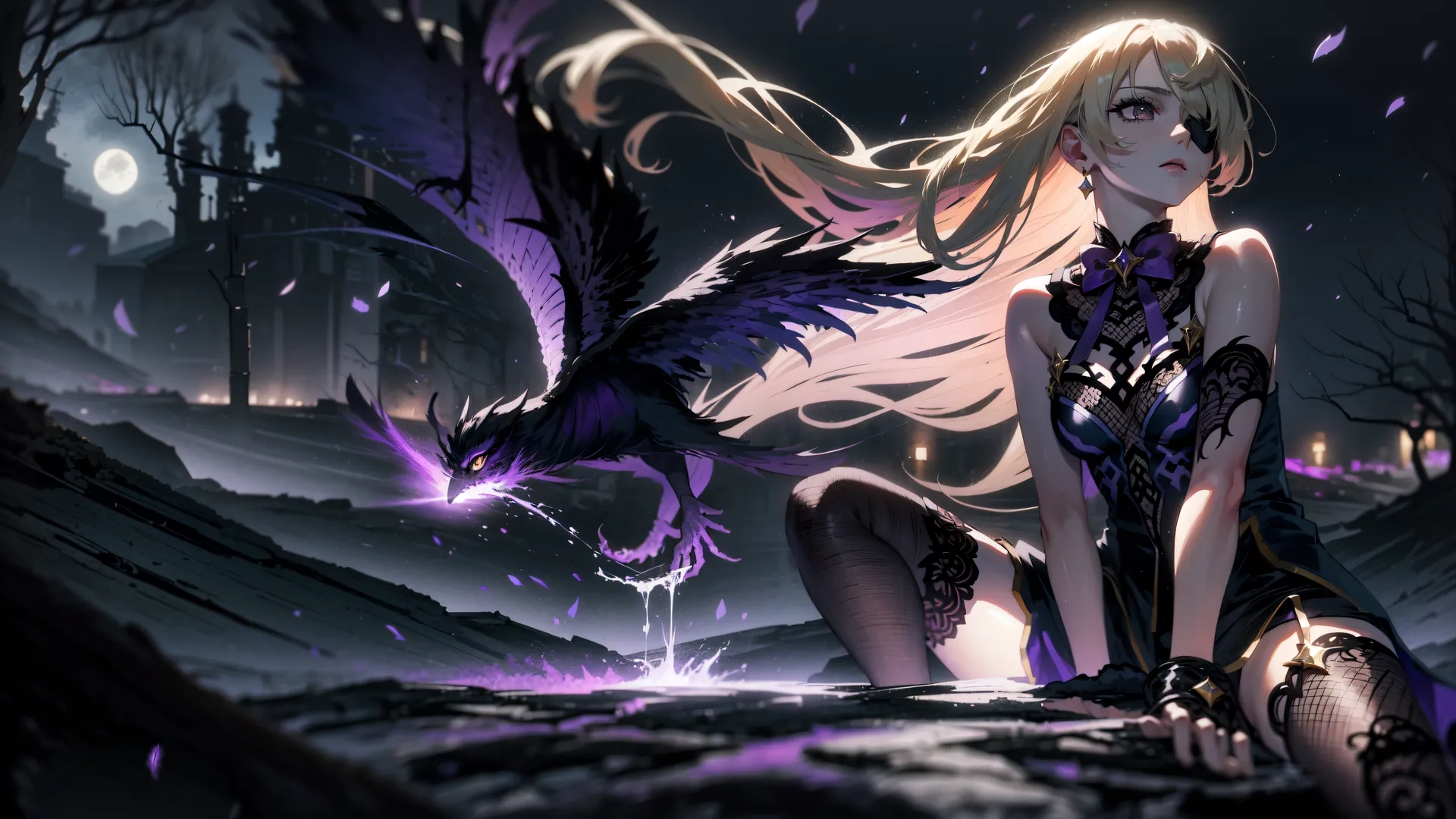 an image of a girl in a witch costume and her hands together, with a raven on the ground behind her flying bird across the scene at night
