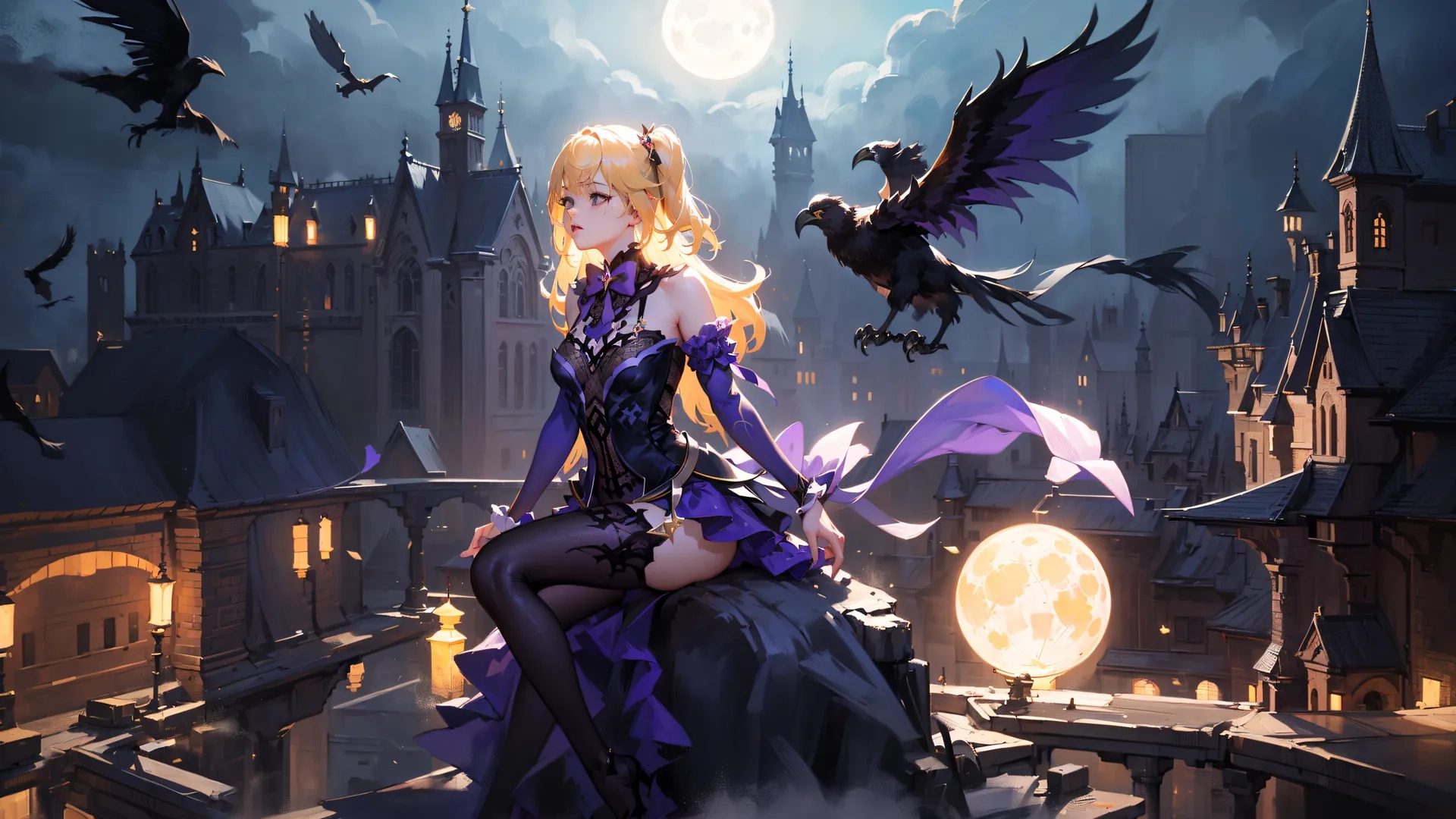 the young woman is seated with bats and a raven over her shoulder to fly through the sky near a castle with two buildings and a full moon,
