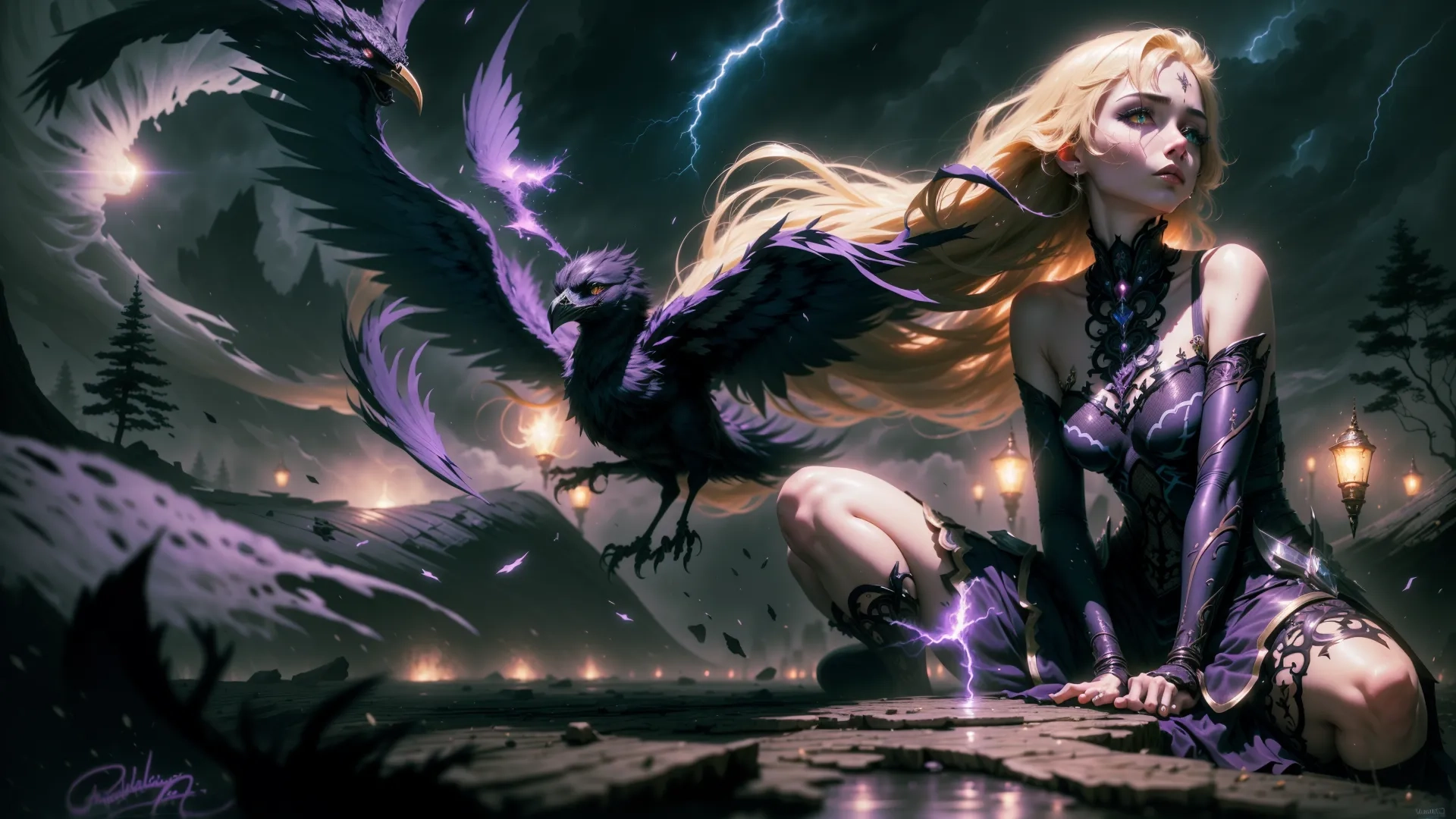 an artist with her hands on her knees kneeling down and looking down into the dark waters while a large flying raven sits in background is in front and near, it
