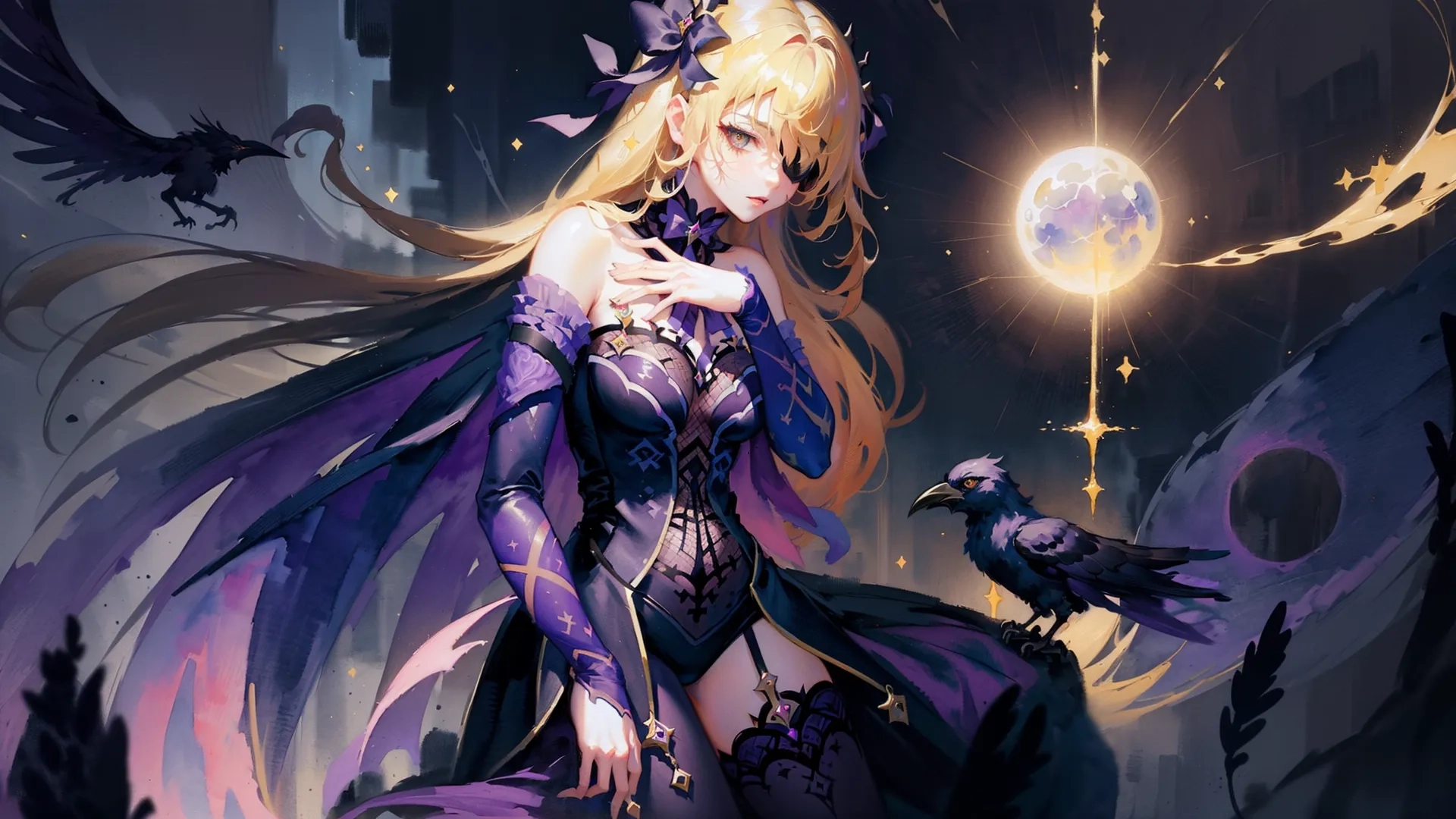 a woman stands on top of a rock surrounded by purple wings, purple dress and black raven around her from the front, she is holding a glowing orb in the middle
