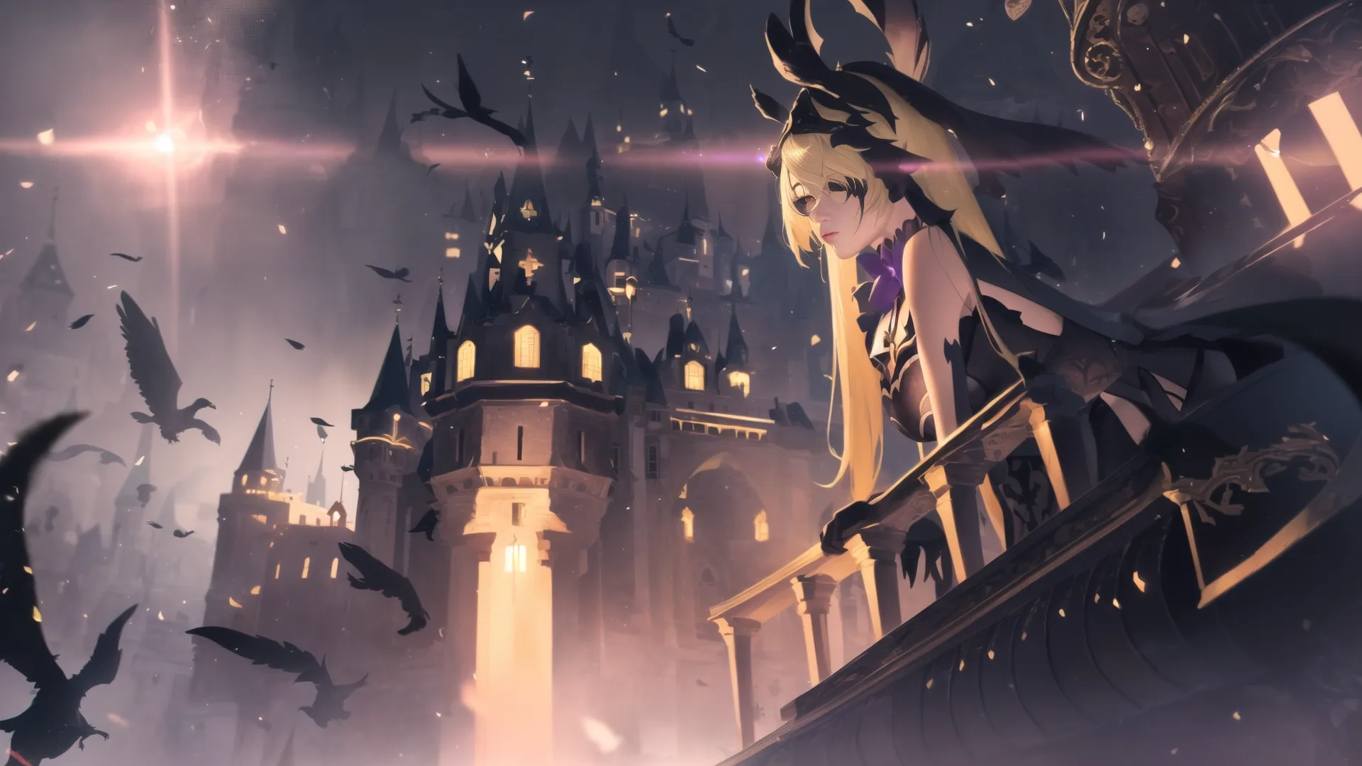 an anime with black hair with evil hands and bats in front of an old castle and gothic tower with a clock displayed on it in this wall
