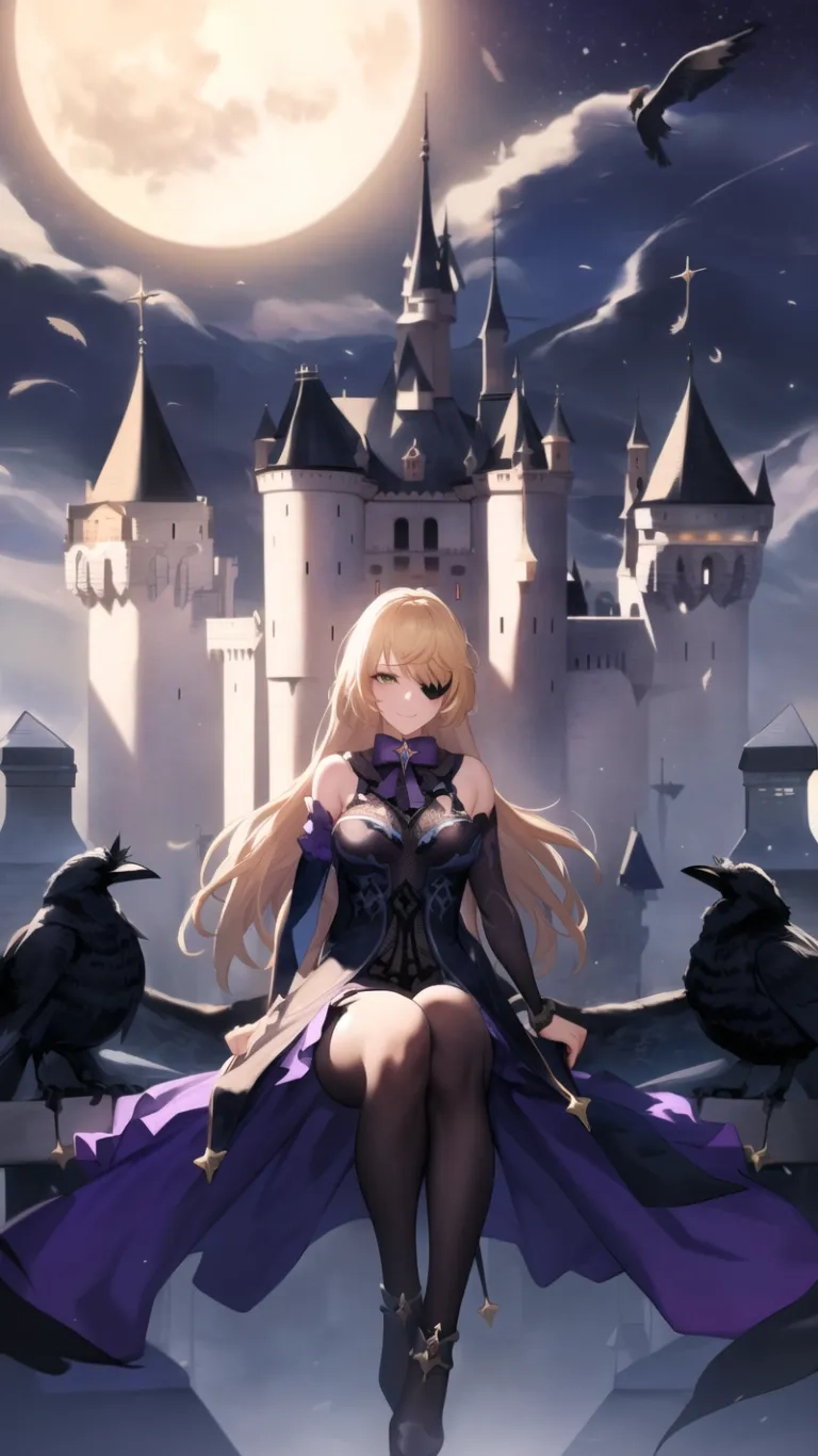 an anime character sitting on top of a castle with crows around her neck and a bird in the air below her head on a fogy night
