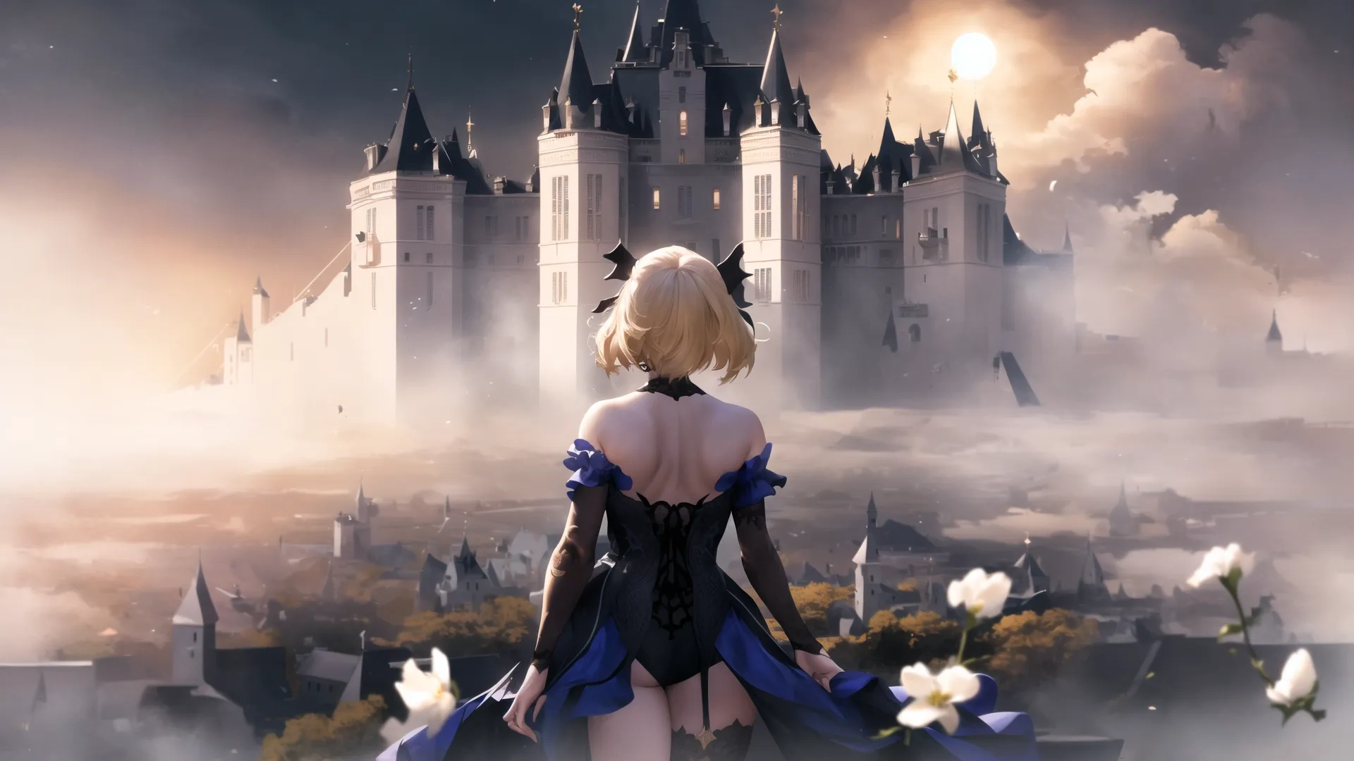 this is a photo of a beautiful woman at a castle with flowers and a moon behind her in the sky above it, there is an old city on the left side is an old church with castle
