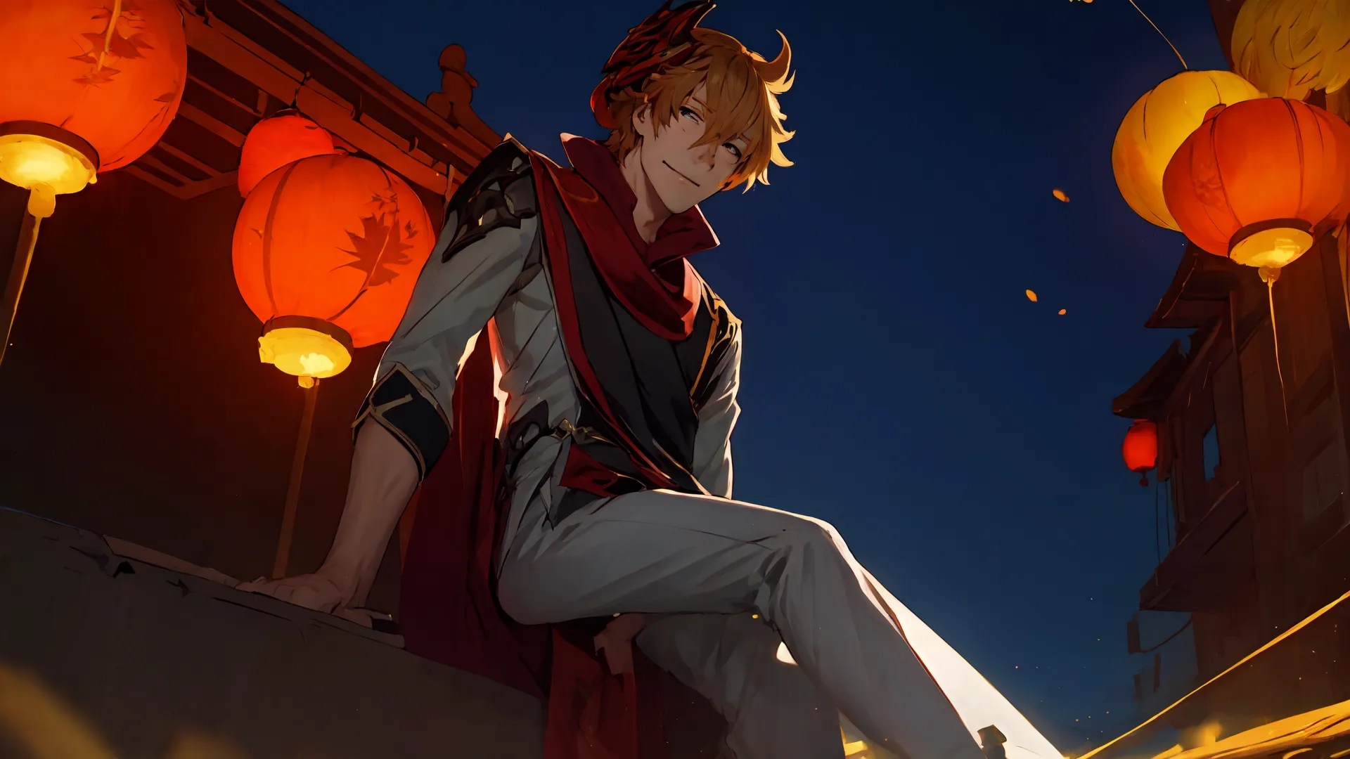 a man wearing a cape while posing on the ledge of a building beneath paper lanterns in the night sky with flares coming from the top left side
