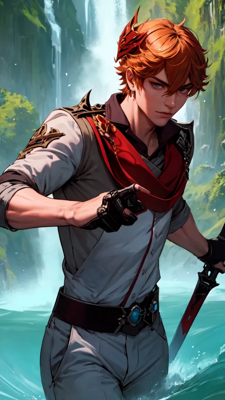 an illustration of a man holding swords standing next to a waterfall for a video game cover page, on top of a laptop and surrounded by the water
