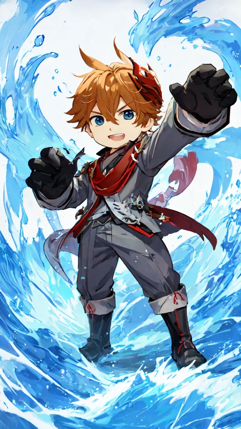 a boy with a red sash and large hair holding a gun that is attached to the handle of the board in his hands, over a blue ocean waves
