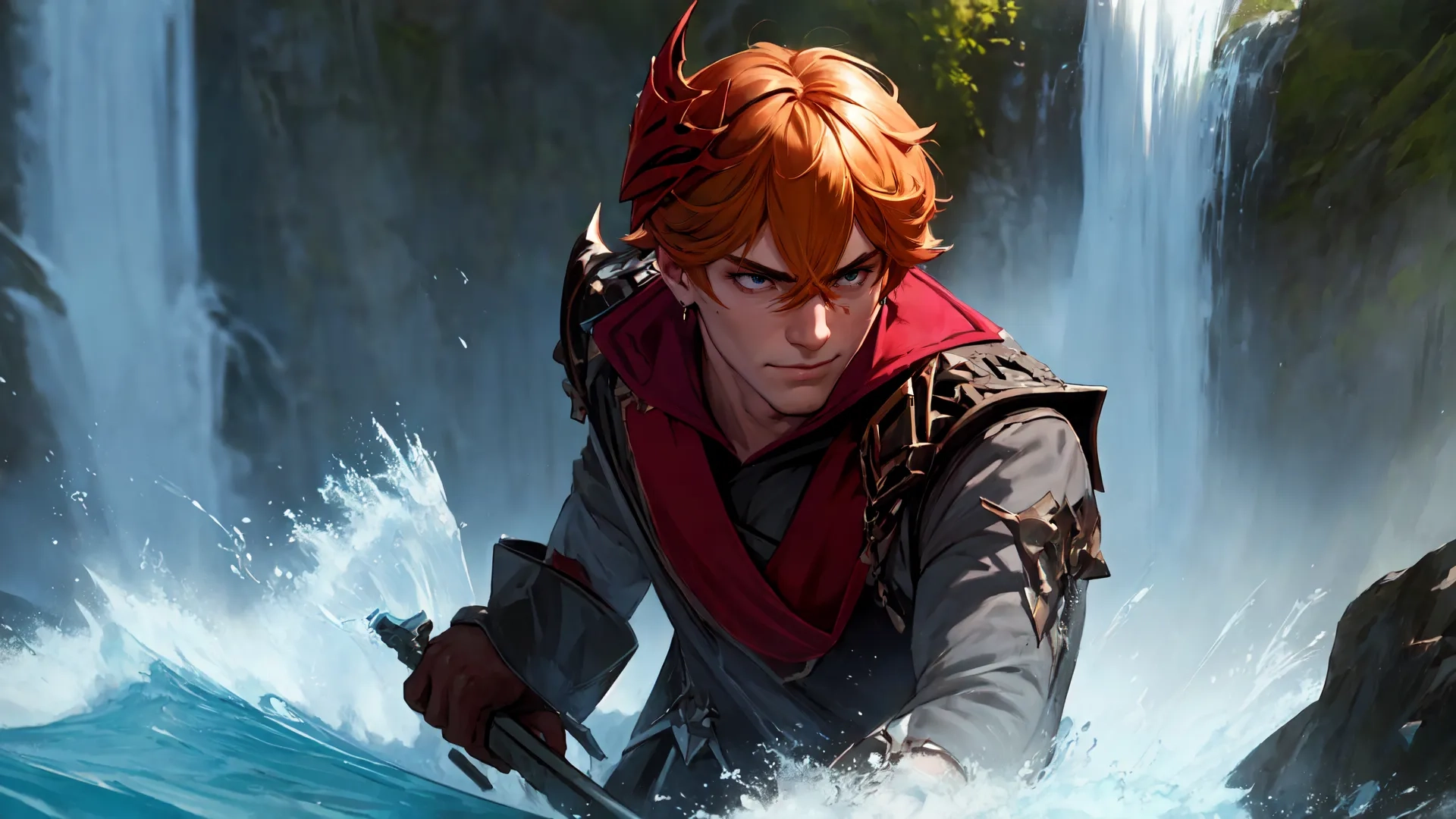 a young red haired man crouching down in the water with a sword standing next to a waterfall and splashing water behind him are trees with leaves
