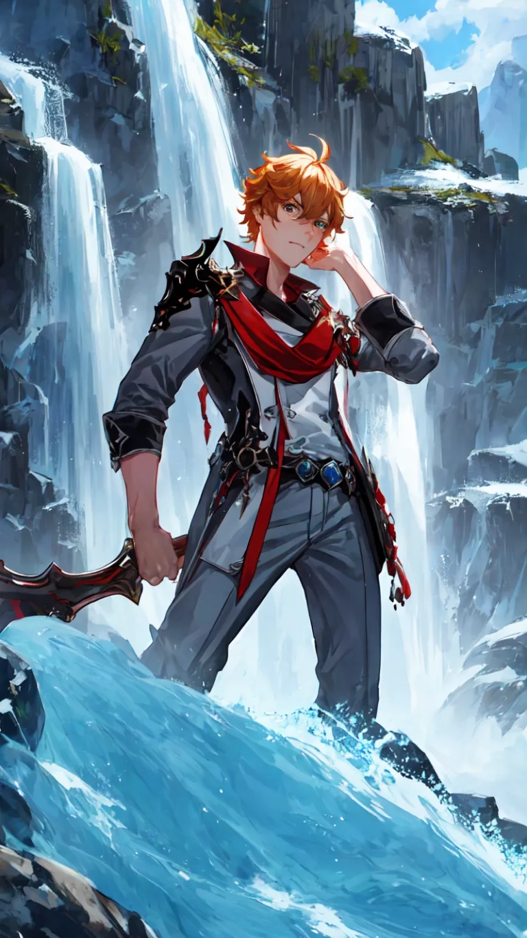 anime character in a large waterfall environment with a weapon and bow tied up to their ears and arms up as if they were trying jpf he did not have reached?
