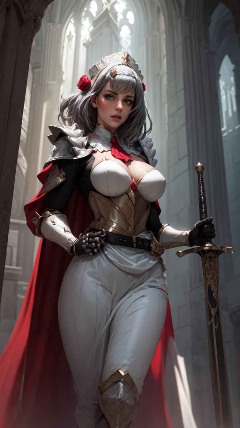 a woman in a fantasy setting with armor and red cape standing on a large building floor in full body clothing, holding a long sword, both hand at the same leg
