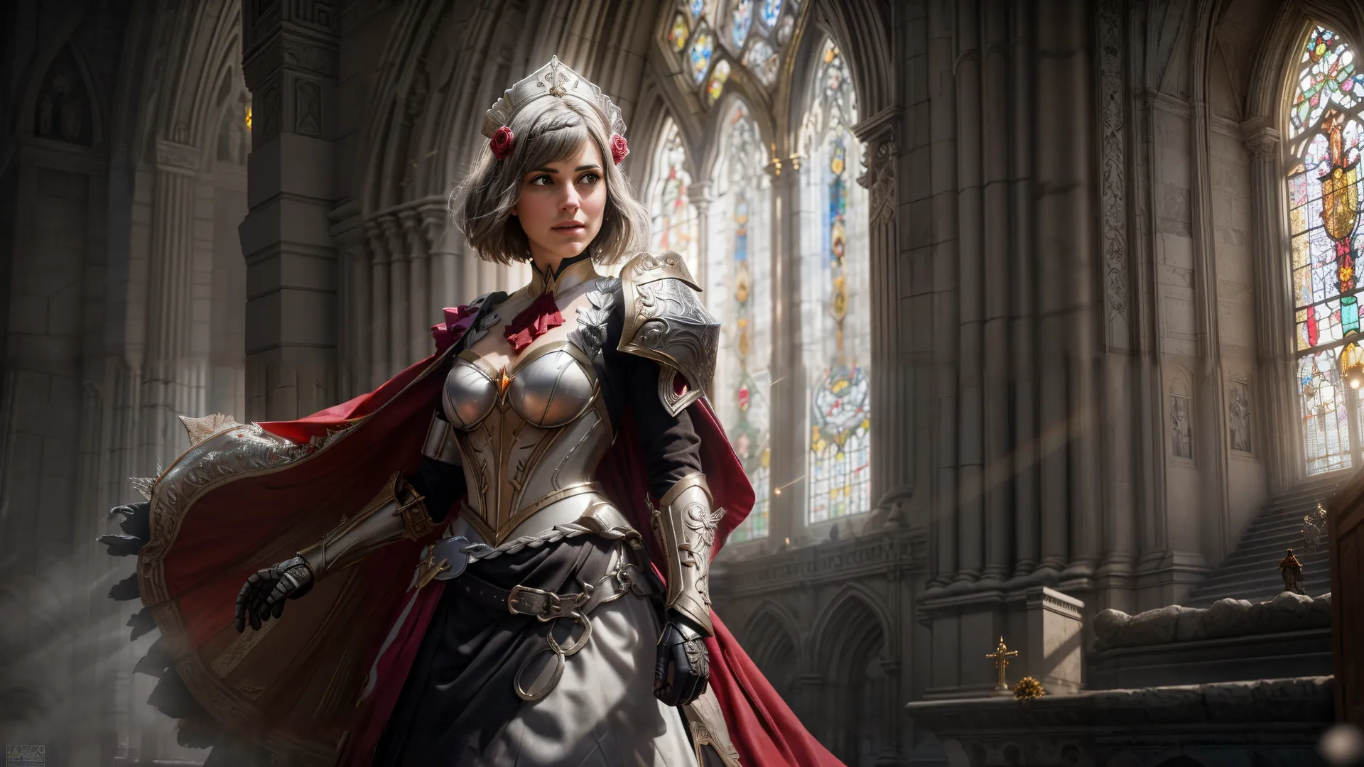 an elegant knight woman standing in a church, next to a staircase and stained glass windows while wearing an elegant red cape and armor suit and full of her
