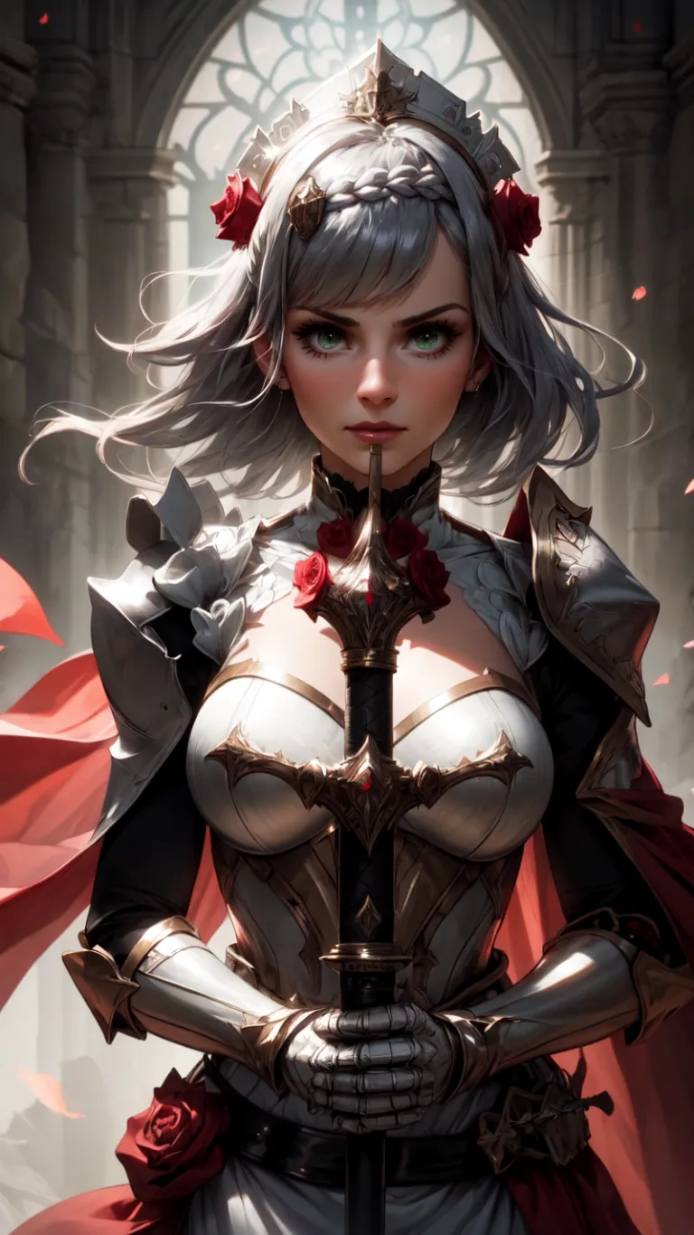 a woman with a sword standing in a castle with flying flowers on her chest and pink hair she is wearing armor and a red cape, with flowers and gloves
