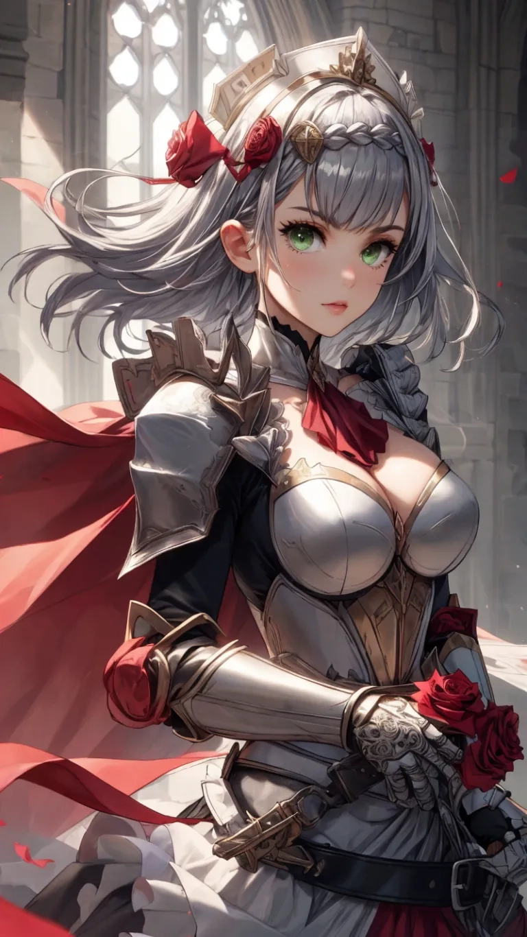 a lady in armor holding a sword and roses in her hands has an elaborate red cape over her shoulder and chest with her red top down to her right
