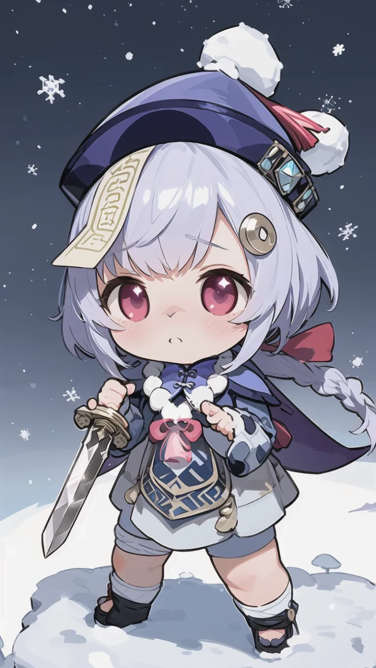 an anime character holding a sword in the snow, in a dark background with stars and snowflakes and stars around them a blackboard with star is on its right hand
