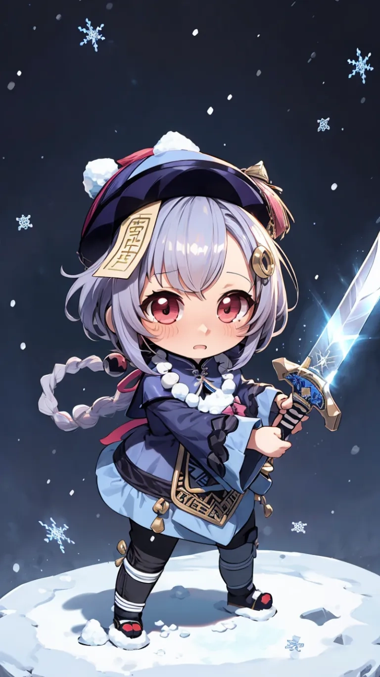 a female anime character in a blue dress with a sword and boots on and stars in the background and snowflakes in the air around her
