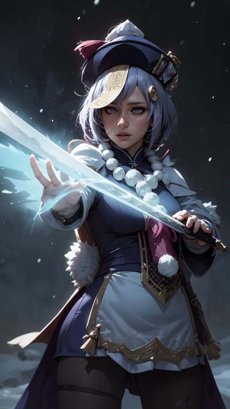 a female character holding a blue flame spear in a desert area at night, with ice falling down her arms and dark background to the center and darkness
