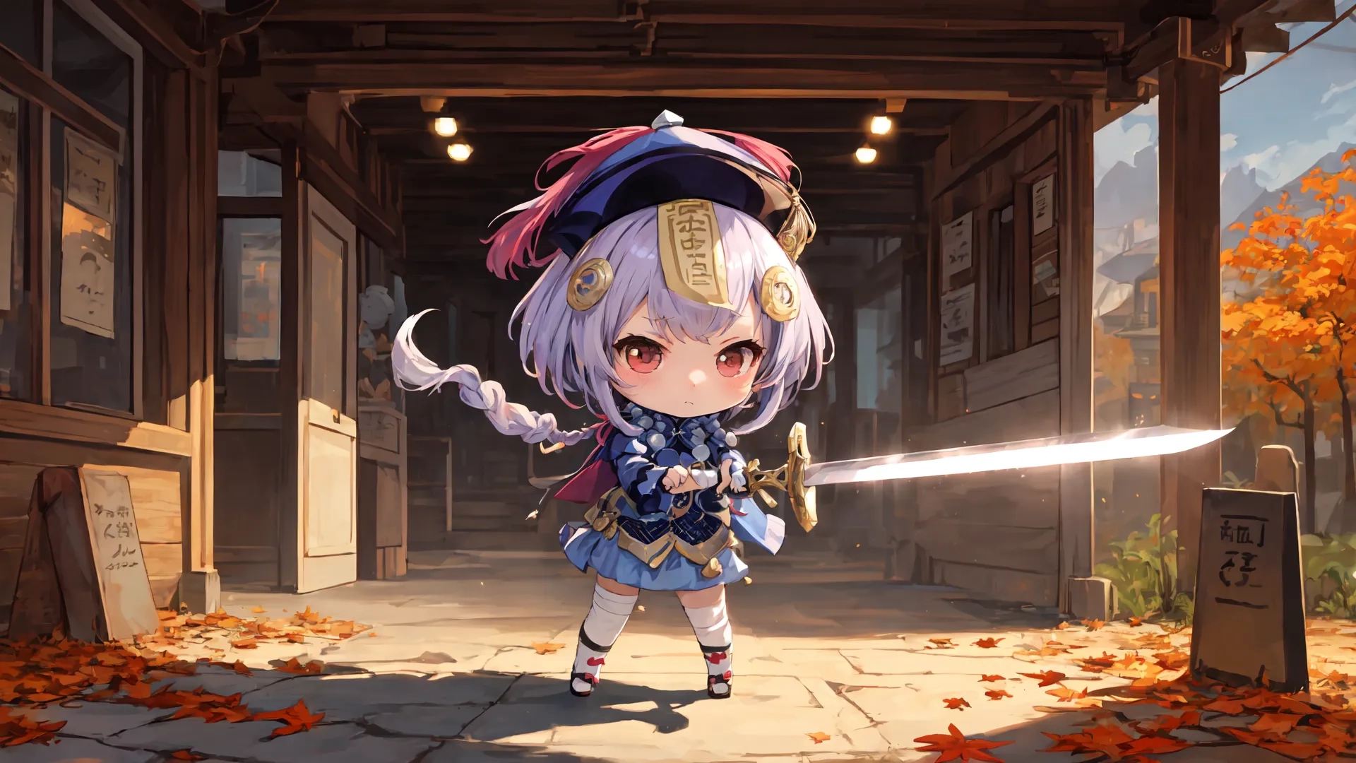 an anime character is in front of some buildings with the leaves on the ground below her and a sword in her hand with one hand up to her right
