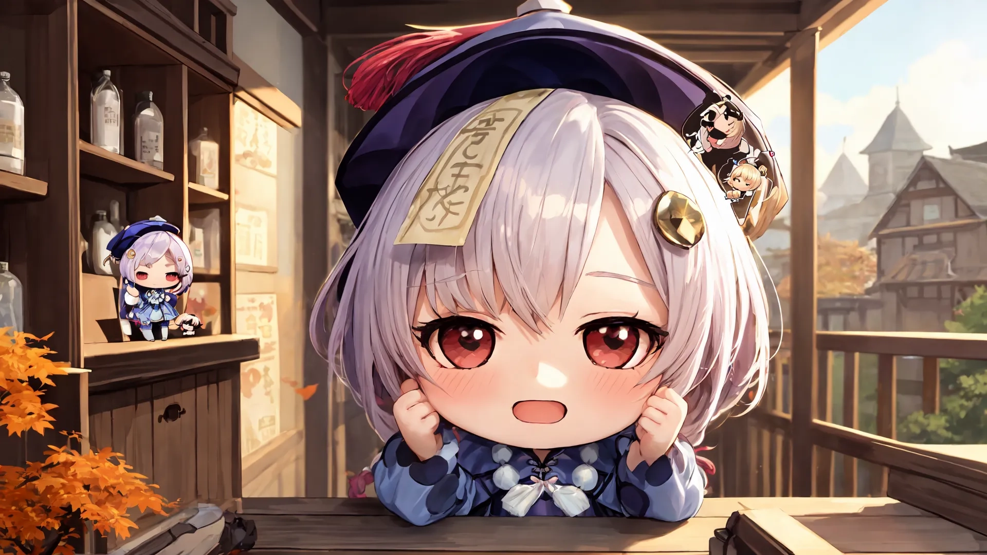 anime girl with blue eyes posed in front of bookshelves filled with stuff while reading a book with her eyes closed and smiling next to her face
