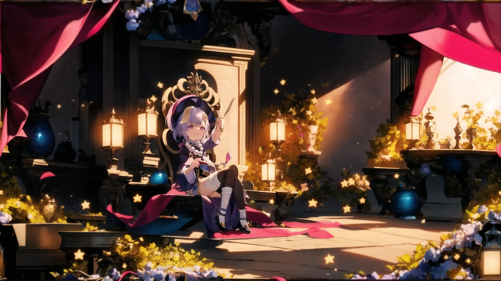 the queen sitting among christmas flowers in front of a window full of flowers and decorations is staring directly into the space to see herself holding a bouquet
