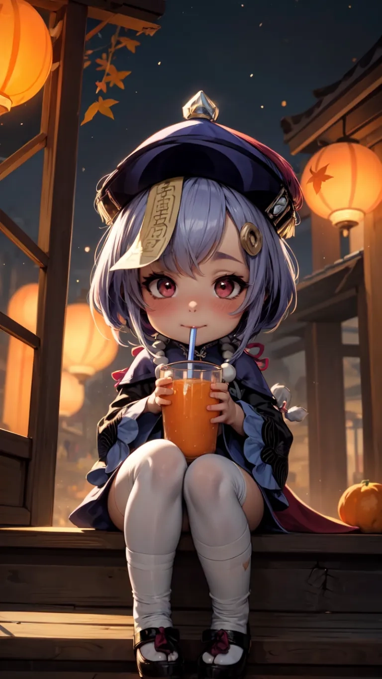 an anime girl sitting on steps holding a glass and pumpkin next to a window at night's edge with lanterns lighting at night in background all around
