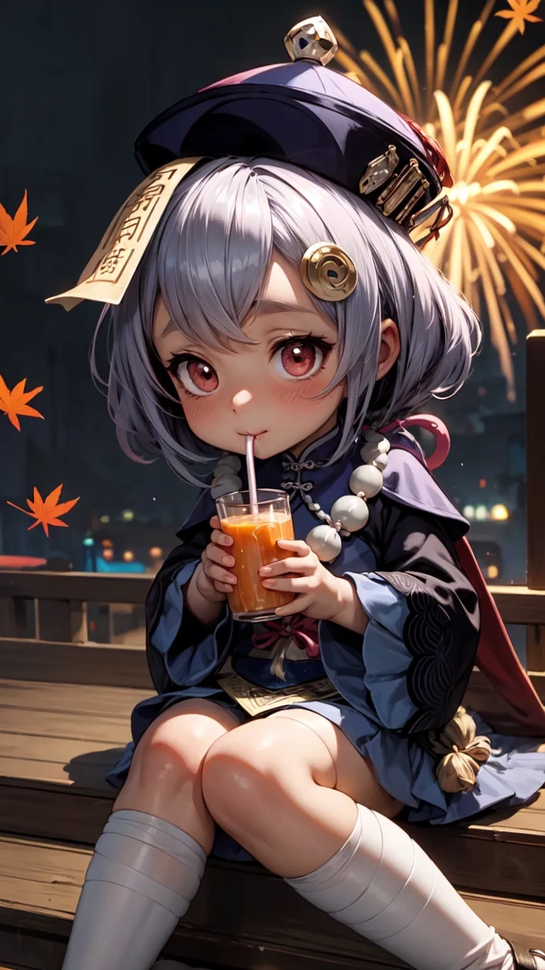 a young girl is enjoying an orange juice on the pier by fireworks in the background and leaves flying overhead in the sky behind her, along with an asian hat
