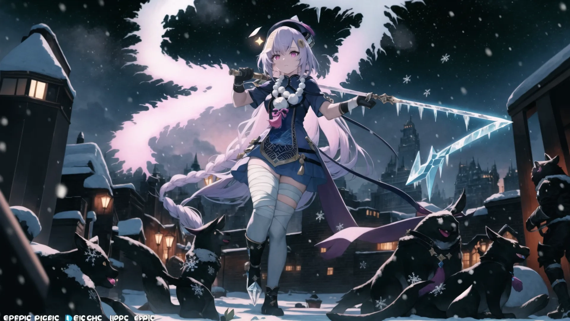 game character female standing among lots of soldiers in the snow at nighttime with their weapons and looking at something that has thrown off the ground below her
