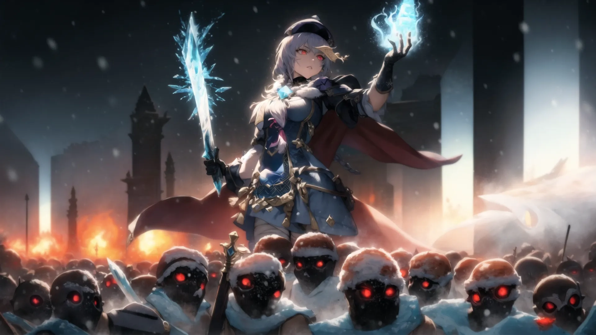 a girl is surrounded by zombies holding swords and blue flames behind her, wearing dark clothing, holding swords in the air in front of her hand
