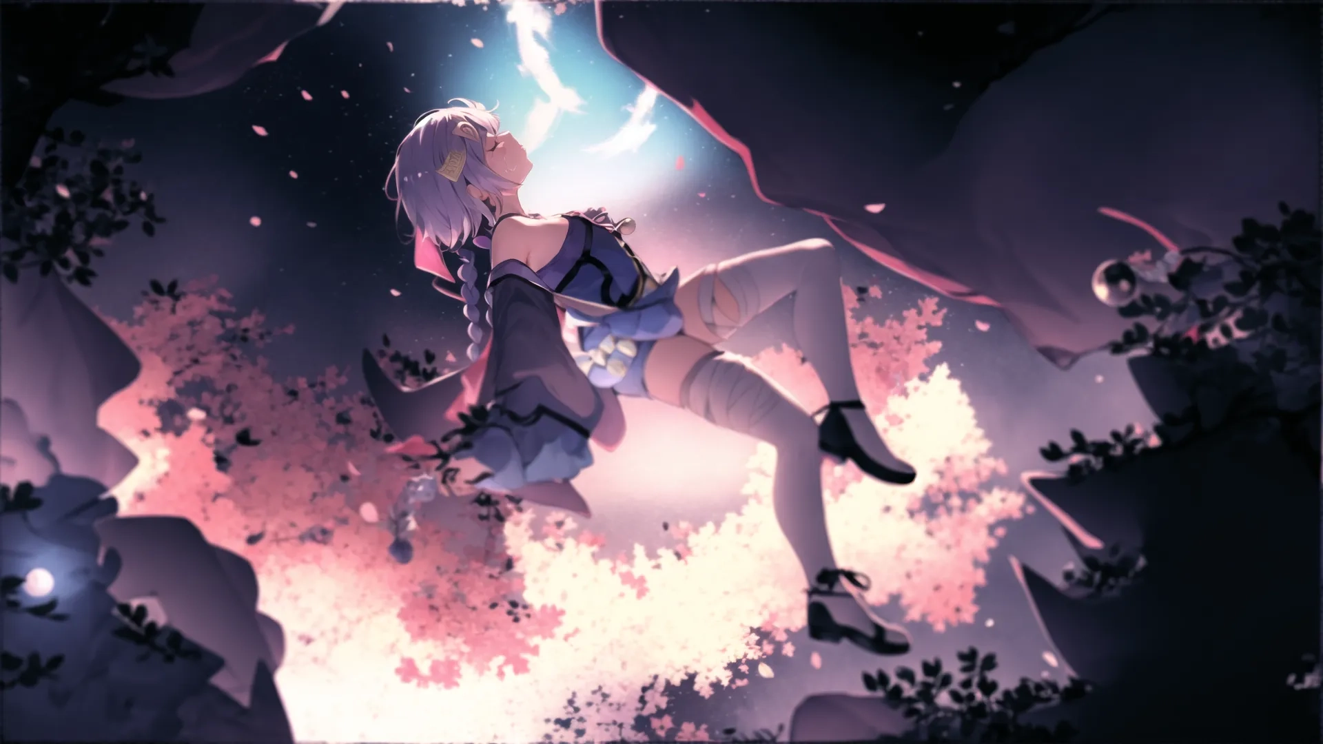 anime, female, tree, plant, night sky, full moon, stars, trees, artic, anime girl, pink eyes, white hair, blue - haired
