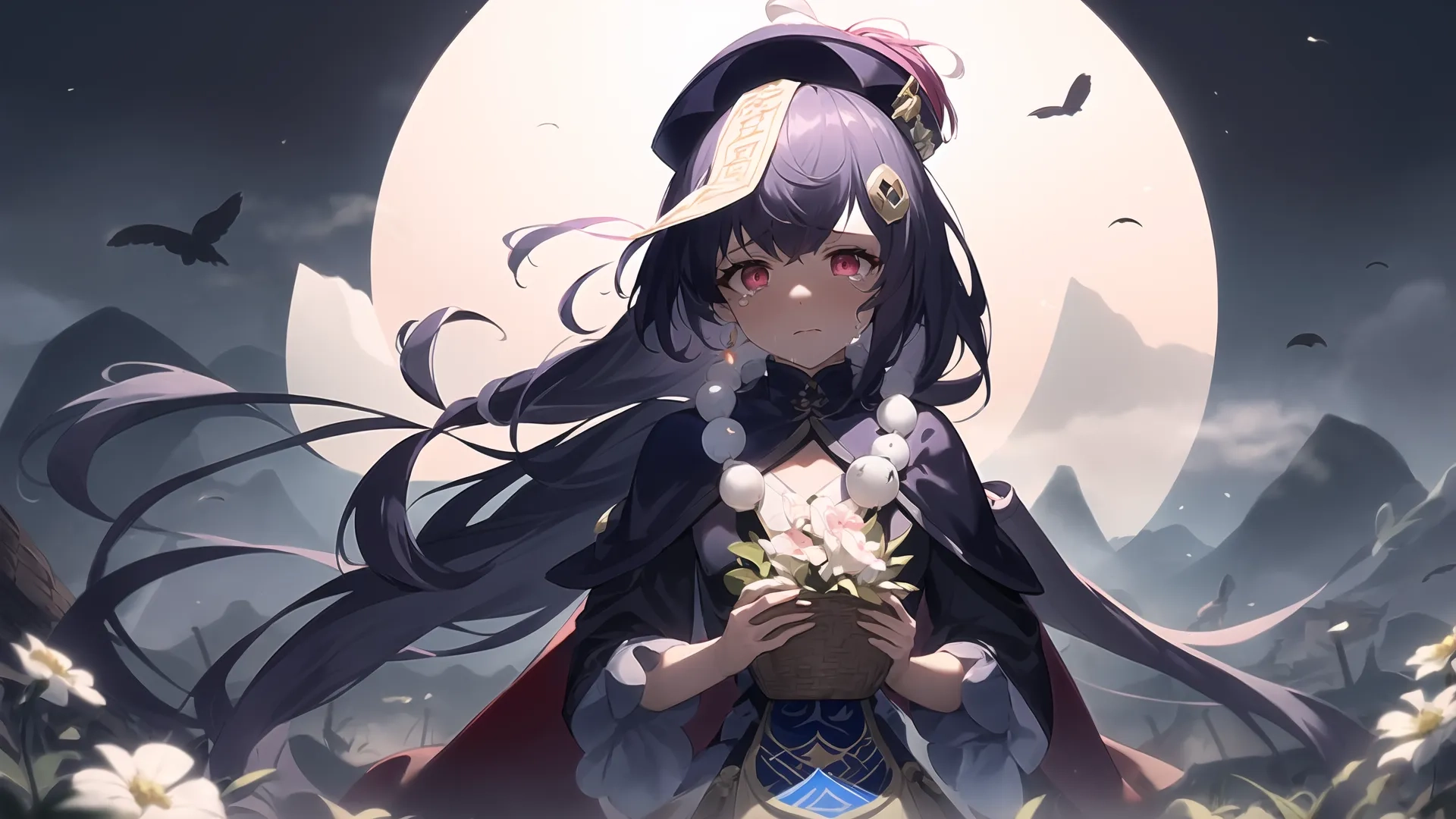 a girl on a grass hill near a full moon with birds flying around and flowers by her hand in the grass at full bloom time in front
