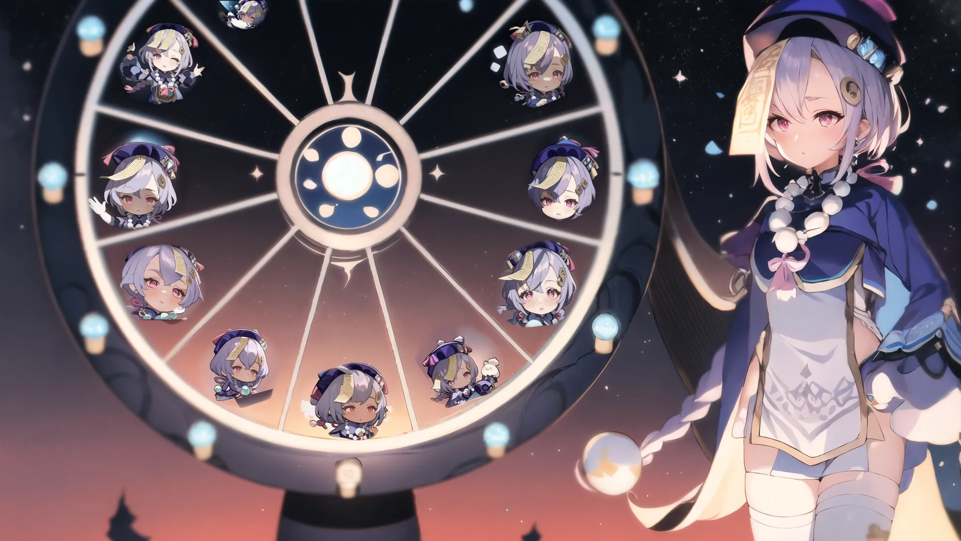 a female anime character standing in front of a clock wheel, with a bunch of small animated faces behind it on a colorful wallpaper background,
