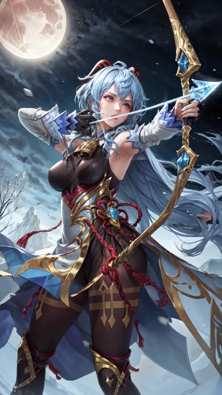 a woman standing in the snow holding an arrow and wearing costumes with feathers and blue hair and blue makeup, while holding a spear sword with blue on
