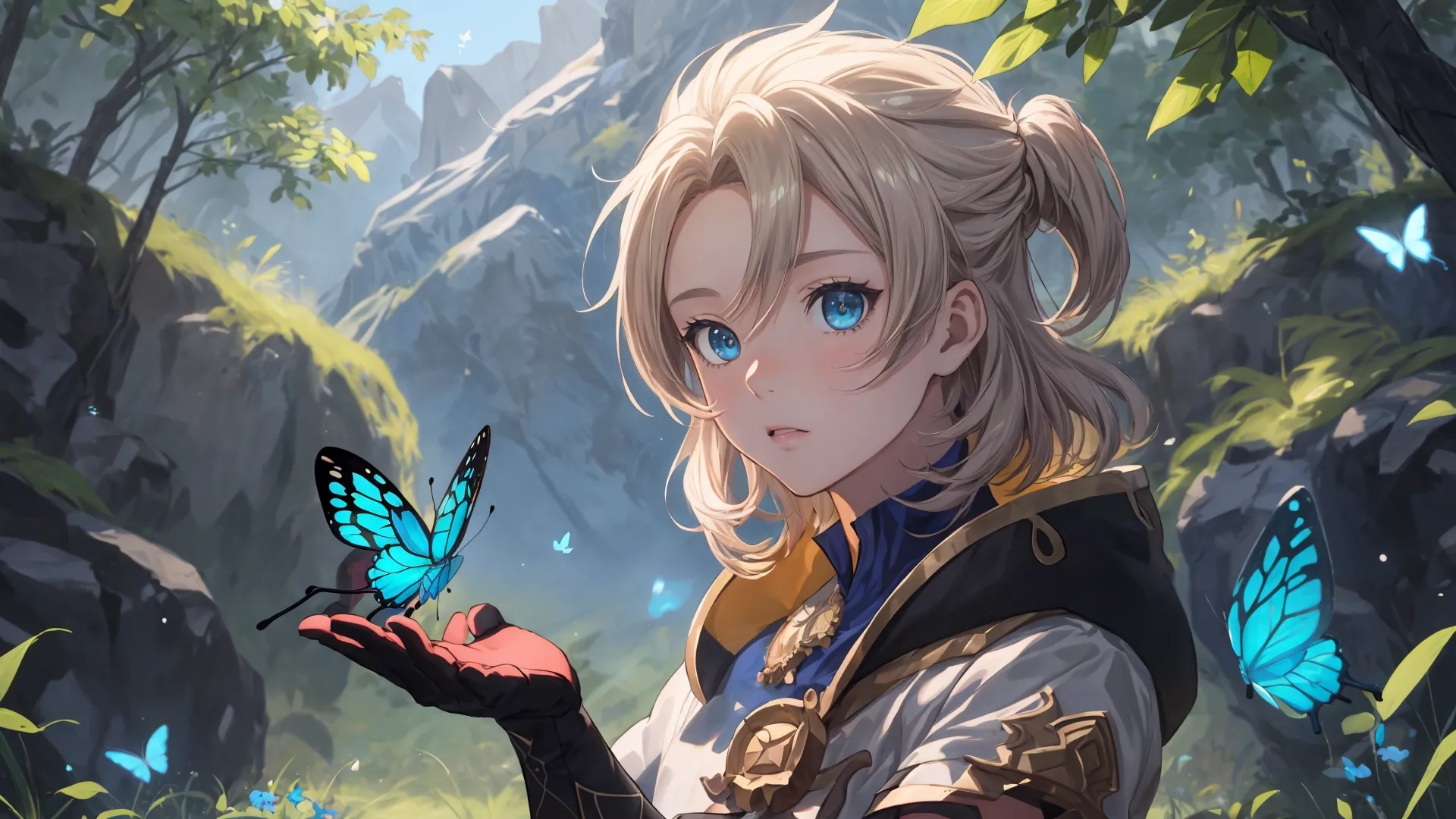 a young lady holding a flower and sitting next to butterfly butterflies on the ground in a forest with mountains in the background - symbolizing blue - art work
