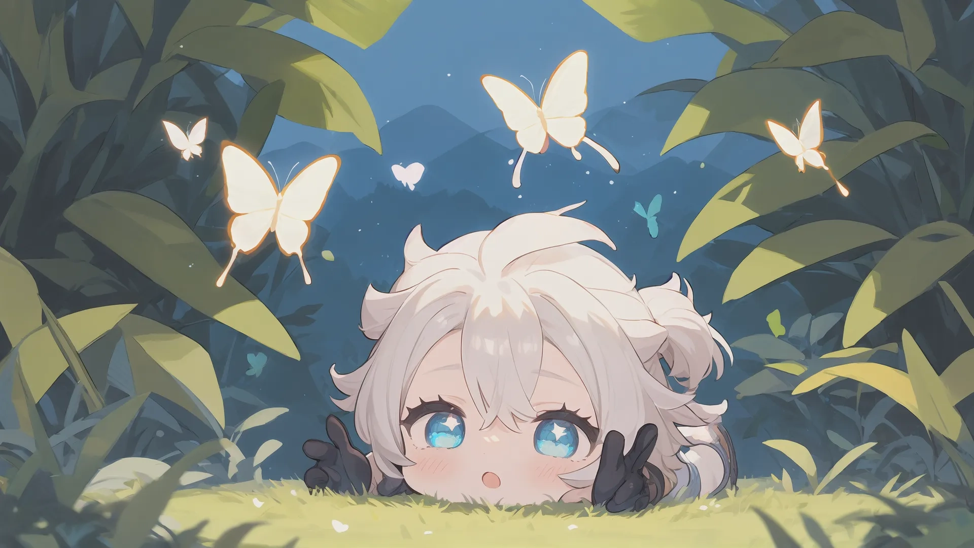 an anime artwork with many white butterflies and a little girl in long hair sitting in the middle of green grass and trees over looking her back to the camera
